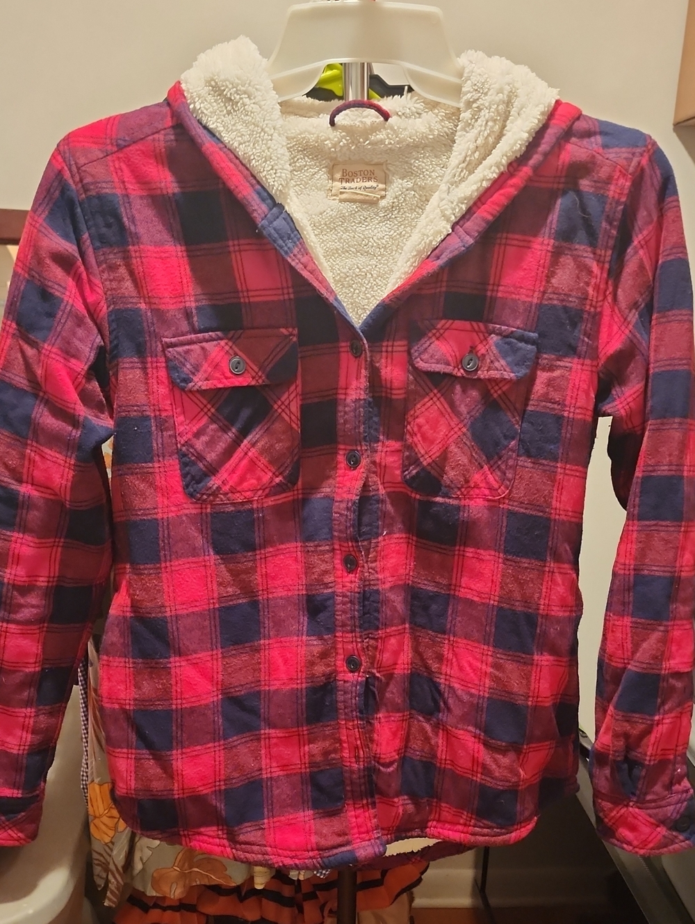 Boston Traders Sherpa-Lined Hooded Jacket with Red-Navy Plaid